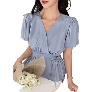dames topjes Effen blouse met knoop aan de zijkant en pofmouwen (Color : Blue, Size : Small)