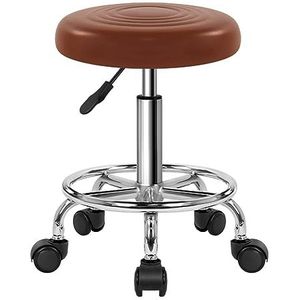 WKWKER Ronde Rolling Beauty Stool Op Wielen PU Leer Draaibare Hoogte Verstelbare Salon Stoel Kruk Keuken Werk SPA Krukken Met Wielen (Bruin)