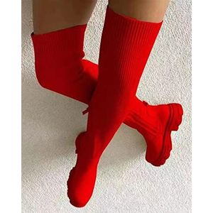 Overknee Laarzen - Rood - Dames - Rekbaar Gebreid Leer - Hoge Hakken - Slip On