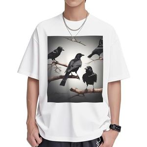 Zwarte kraai vogels op een tak print dames katoenen T-shirts casual korte mouw tuniek tops ronde hals zomer basic losse pasvorm T-shirt, Wit, S