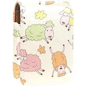 Schapen Kleurrijke Draagbare Lipstick Case voor Reizen,Mini Lipstick Opbergdoos met spiegel voor Vrouwen Dames, Lederen Cosmetische Pouch, Meerkleurig, 9.5x2x7 cm/3.7x0.8x2.7 in