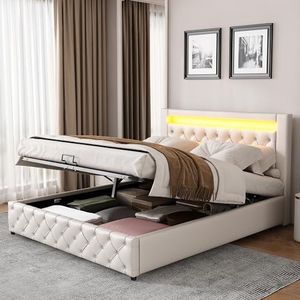 Aunvla Gestoffeerd bed, 140 x 200 cm, functioneel bed met lattenbodem en opbergruimte, met LED-verlichting, met opslagfunctie, wit, PU