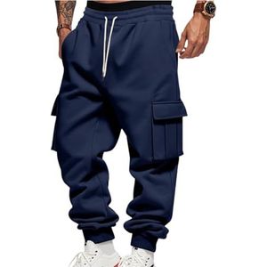 Cargo Joggingbroek Heren Fleece Warme Joggingbroek Wijde Joggingbroek Trainingsbroek Lange Sportbroek Vrijetijdsbroek Winter Relaxte Broek Cargo Joggingbroek Met Zakken(Navy blue,3XL)