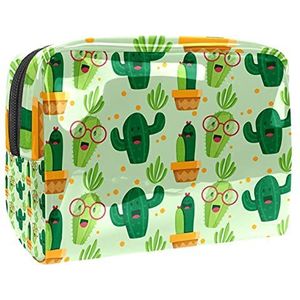 Make-up Tas PVC Ritssluiting Toilettas Waterdichte Cosmetische Tas met Cartoon Happy Cactus Patroon Groen voor Vrouwen en Meisjes