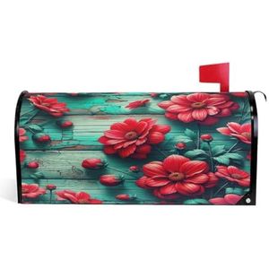 CHIFIGNO Rode bloemen op groenblauw houten brievenbus magnetische hoezen grote maat 52,8 x 64,8 cm brievenbus wraps brievenbus cover magnetische brievenbus wrap voor tuin tuin thuis buiten