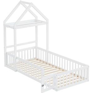 BXEYXE Kinderbed 90 x 200, massief hout met opbergruimte, volledig beschermingsrooster en deuren en lattenbodem, wit