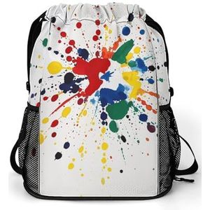 BVNMT Trekkoord Rugzak Sport Gym Zwemtas met Schoenen Compartiment Verf Drops Splattered op Een Witte Achtergrond Stuff Sack, Verfdruppels spatten op een witte achtergrond, 45.5x41.5x36cm