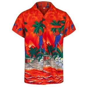 REDSTAR Hawaiiaanse shirts voor heren, korte mouwen, button-down, Hawaiiaans herenshirt, papegaai en palmboom, strand, tropisch, voor heren, zomer, Hawaiiaanse verkleedjurk, Oranje, M