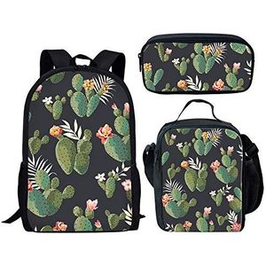Jeiento Duurzame schooltas lunchtas potloodtas reizen camping rugzak voor jongens en meisjes, Cactus (zwart) - School bag set-11