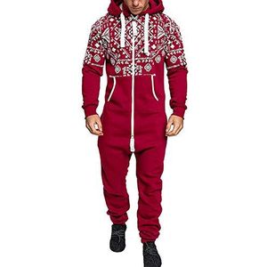 Unisex Heren Sport Casual Onesie Hoodie, Morbuy Volwassen Kerst Print Jumpsuit Zip Playsuit Hooded Herfst en Winter Warme Pyjama Plus Size Nachtkleding Casual Wear, Rood, XL