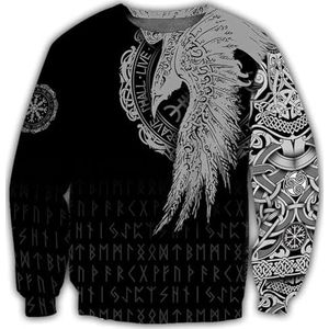 Noorse Mythologie Odin Raven Sweatshirt, 3D Gedrukte Klassieke Harajuku Rune Tattoo Rits Pullover Hoodie, Fall Vegvisir Celtic Pagan Outdoor Loose Top(Color:Round Neck,Size:XXL)