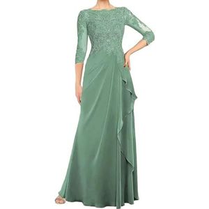 WSEYU Moeder van de bruid jurken voor bruiloft lange 3/4 mouwen kanten applicaties geplooide moeder van bruidegom jurken ronde hals, Pastel Groen, 44