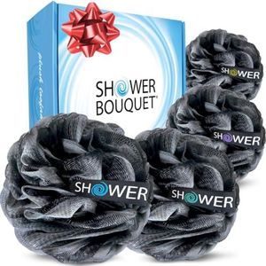 Loofah Houtskool Badspons XL 75g Set van Doucheboeket: 4 stuks, extra grote mesh poef zachte schrobber voor mannen en vrouwen - exfoliëren met grote zwart-wit zachte reiniging in schoonheid