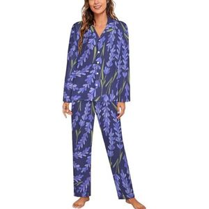 Lavendel Patroon Vrouwen Lange Mouw Button Down Nachtkleding Zachte Nachtkleding Lounge Pyjama Set XL