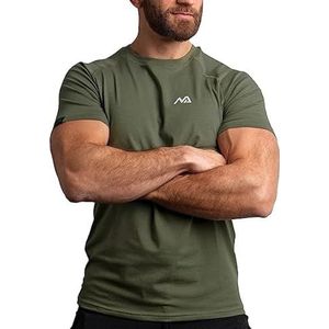 Natural Athlet Slim-Fit Fitness T-shirt voor heren - lang sneldrogend gym T-shirt - bodybuilding, krachttaining en sport, olijfgroen, M
