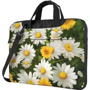 Zomer Bloemen Madeliefjes Bloem Laptop Schoudertas Draagbare Laptop Tas Laptop Case Crossbody Aktetas w/Strap Handvat, Zwart, 15.6 inch