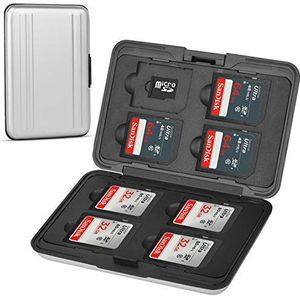 Qkenvo Aluminium Schokbestendige Draagdoos Geheugenkaart Opslag Case Houder 8 Slots voor SD SDHC MMC Micro SD TF Kaarten Zilver