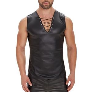 Men's Faux Leather Vest Crop Tank Sleeveless Muscle Tops Nightclub Clubwear (Black,L)