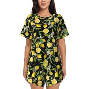 RIVETECH Pyjama-set met gele citroenprint voor dames met korte mouwen - comfortabele korte sets, nachtkleding met zakken, Zwart, XL
