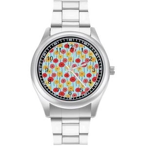 Bloemen Geel Roze Heren Roestvrij Staal Horloges Quartz Horloge Gemakkelijk te Lezen Custom Gift voor Papa Vriend