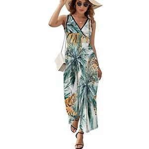 Tropische palmbomen tijger dames maxi lange jurk V-hals mouwloze tank zonnejurk zomer