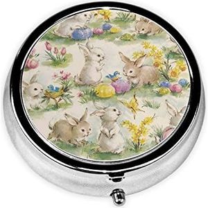 Bloem Konijn Pasen Gedrukt Pil Organizer Pil Doos Pil Case Draagbaar voor Portemonnee Pocket Ronde Metalen Pil Houder Organizer voor Dagelijkse Geneeskunde