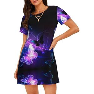 GXUNGT Wit paars zomergewaad met vlinderprint voor dames, nachtkleding met korte mouwen, zacht en comfortabel, voor thuis en buiten, Zwart, S