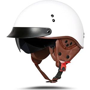 BOSERMEM Motorhelm met veiligheidsbril, DOT/ECE-goedgekeurd, jethelm, scooterhelm, bromfiets, chopper, vintage (lichtwit, maat XL, 61-62 cm)
