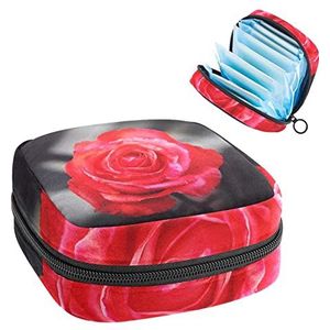 Rode Rose Periode Tas voor Tiener Meisjes Vrouwen Dame, Maandverband Opbergtas met Rits Nylon Draagbare Opslag Menstruatie Pad Tas