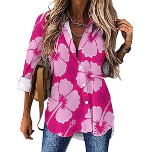 Roze hibiscuspatroon dames casual shirt button down lange mouw V-hals blouses tuniek voor leggings