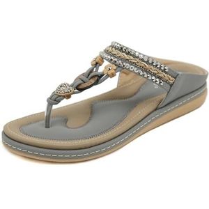 EFLALYHG Dames slippers Dressy Flats Bohemian Summer Split Toe Sandalen Wandelen Strand Gladiator met Boog Ondersteuning Waterschoenen,Grijs,36 EU