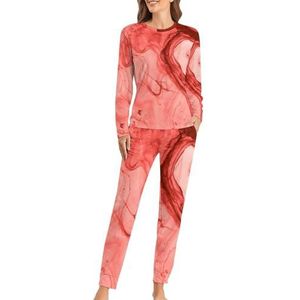 Rode Heldere Splash Zachte Dames Pyjama Lange Mouw Warm Fit Pyjama Loungewear Sets met Zakken 6XL