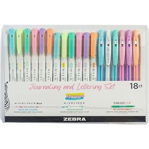Zebra Pen Tijdschriften en beletteringsset, inclusief 6 markeerstiften, 6 penseelpennen en 6 Sarasa Clip intrekbare gelpennen, pastelinktkleuren, 18 stuks
