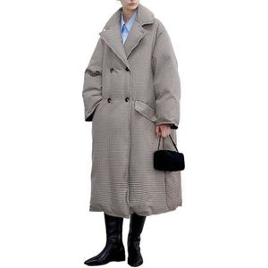 HGKPFGTG Verdikte Lange Pufferjas voor Dames Trendy Geruite Revers Met Gekartelde Revers Winddichte Winter Casual Zakelijke Donsjas,Bruin,L