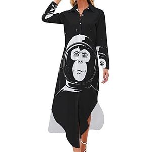 Monkey Astronaut in Space Maxi-jurk voor dames, lange mouwen, knoopsluiting, casual feestjurk, lange jurk, 2XL