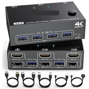 KCEVE DP USB 3.0 Dual Monitors Displayport KVM-switch, ondersteunt 2 computers, deeld toetsenbord, muis en monitor Uitgebreide compatibiliteit