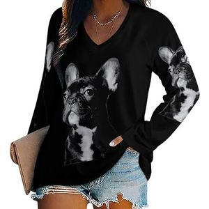 Zwarte Franse Bulldog Dames Lange Mouw V-hals T-shirts Herfst Tops Trui Tuniek Tee voor Leggings