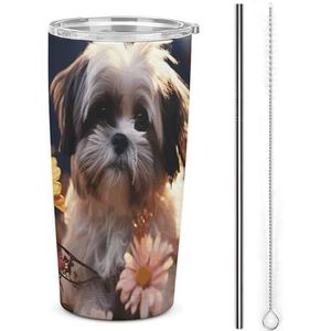 AQRJLPM Shih Tzu Autobeker met hond en bloemen, roestvrijstalen beker met rietje en deksels, lekvrij geïsoleerde roestvrijstalen reiskoffiemok voor op reis, geschikt voor koude warme dranken op de