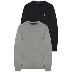 Pack 2 basic Trui met Ronde Hals en Geborduurd Logo, in Het marineblauw en gebroken wit - 100% Katoen - Pullover U-Neck