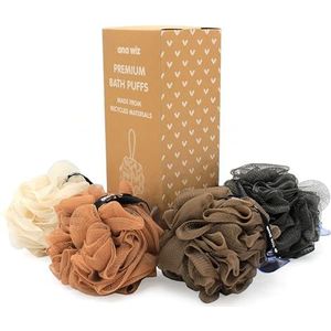 Premium badsoesjes van 100% gerecyclede materialen, 4 stuks, superzachte grote exfoliërende soesjes, duurzaam, duurzaam en recyclebaar (neutrale tonen)