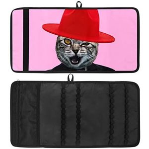 Potlood Wrap, Reizen Tekening Kleurpotlood Roll Organizer voor Artiest, Potloden Pouch Case Knappe Mr Cat met Zwart Pak Rode Top Hoed Roze