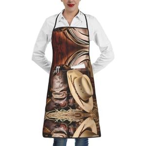 ZhaoYuGoods Leuke Dalmatische schorten met zakken voor vrouwen, stijlvolle kookschorten voor keuken tuinieren salon, ideale print schort, Cowboy zwarte hoed westerse laarzen, Eén maat