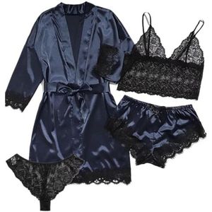 CSSHNL Satijnen Pyjama Set Vrouwen Zijde Satijn Pyjama Set 4 Stuks Lingerie Bloemen Kant Nachtkleding Met Gewaad Nachtjapon Lange Dames Pyjama Set, Groen, XL