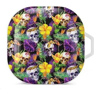 Schedels en tropische bladeren oordopjes hoesje compatibel met Samsung hard shell beschermhoes wit stijl