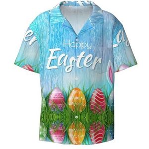 Paasei Bunny Gras Houten Print Heren Korte Mouw Button Down Shirts Casual Losse Fit Zomer Strand Shirts Heren Jurk Shirts, Zwart, XXL