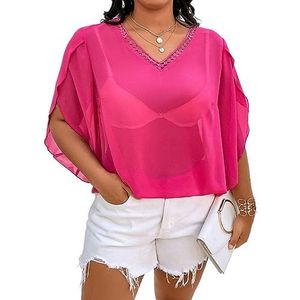 damestop in grote maten Plus blouse met bloemblaadjesmouwen zonder beha (Color : Hot Pink, Size : XL)