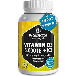 Vitamine D3 K2 hoge dosering, 180 tabletten, 5000 IE vitamine D3 + 100 mcg vitamine K2 depot, zonder onnodige toevoegingen, hoge biologische beschikbaarheid, gemaakt in Duitsland
