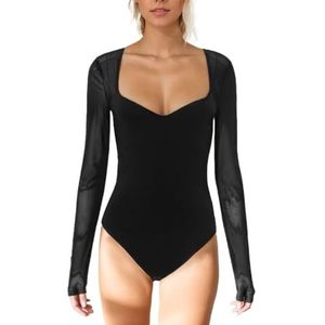 EMOTTOS Vrouwen Sheer Mesh Patchwork Bodysuit, Sexy Rugloze Bodysuits met Sweetheart Hals, Transparante Diepe V Leotard Top met Mesh Mouwen, Bodysuits met Drukknoopsluiting voor Dames, Zwart, S