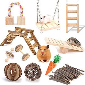 Hamster Chew Toys Set 11 Pack Natuurlijke Houten Hamster Speelgoed en Accessoires Tandenverzorging Molaire Speelgoed voor Cavia's Syrische Hamster Ratten Chinchilla's Gerbils Hamster Swing Wip