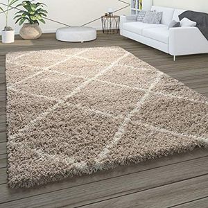 Hoogpolig tapijt, zachte shaggy voor de woonkamer in Scandinavische stijl met ruitmotief, Maat:240x340 cm, Kleur:Beige